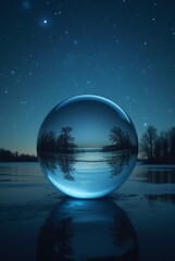 Fototapeta premium A night scene of a calm lake under a starry sky, encapsulated inside a glass sphere, peaceful and dreamy