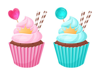 Two colorful cupcakes with frosting, lollipops, and straws. Perfect for birthday invitations, gender party, baby shower, party decorations. 