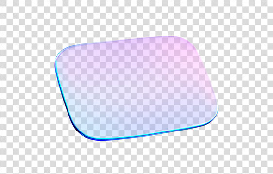 3d glass rectangle shape. Holographic crystal plate transparent. Blue purple gradient 3d box glass button hologram effect. Flying podium, badge, crystal, banner. Vector realistic illustration