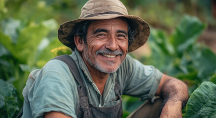 Fototapeta premium A middle-aged Brazilian farmer with a warm smile enjoys his time working in a rich, green vegetable garden surrounded by nature