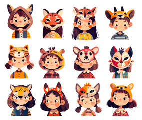 Fototapeta premium Kids animal masks. Children boys girls wearing wolf fox bear cat costume, masquerade set vector illustration