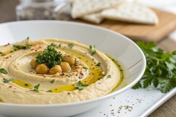 Close-Up of Creamy Hummus on White Plate 