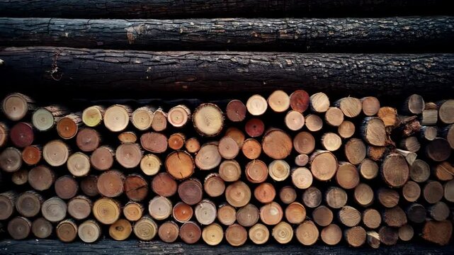 Stacked timber log pile showcasing sustainable lumber production in sunlit forest