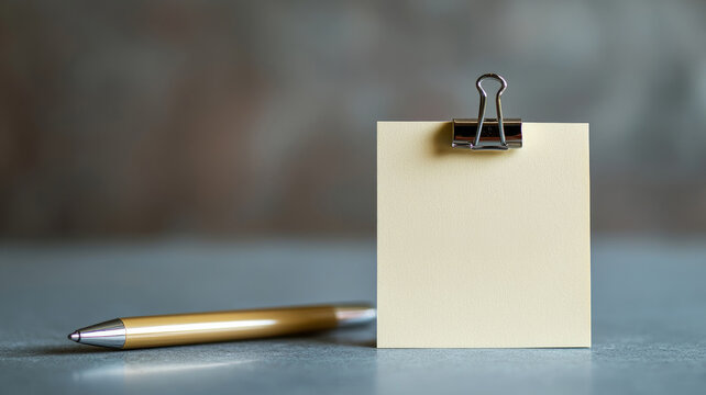 Blank yellow sticky note with pen on a gray desk surface.