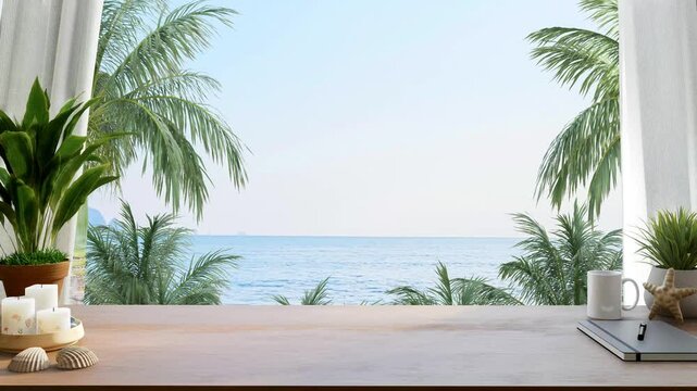 Animation of empty top wooden table for copy space with sea view background 3d render The wind blew the trees and the curtains swayed in the wind.