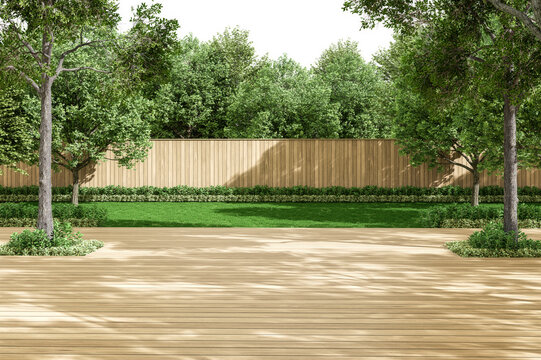 Modern contemporary empty wooden terrace with green lawn and plank fence background 3d render surrounded by green nature