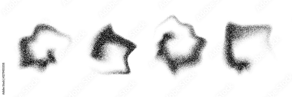 Fototapete Dotted gradient smoky shapes. Grainy fluid spots and stains. Black stippled flowing dust set. Noise splashes and splatters forms. Dissolve sand particles texture. Vector fading halfton elements