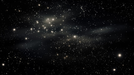 Fototapeta premium Particules et étoiles scintillantes et brillantes volant sur fond sombre, noir. Lumière, étoile, paillette dorée et flou. Cosmos, univers, espace. Fond pour bannière, conception et création graphique.
