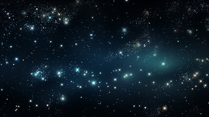 Obraz premium Particules et étoiles scintillantes et brillantes volant sur fond sombre, noir. Lumière, étoile, paillette dorée et flou. Cosmos, univers, espace. Fond pour bannière, conception et création graphique.