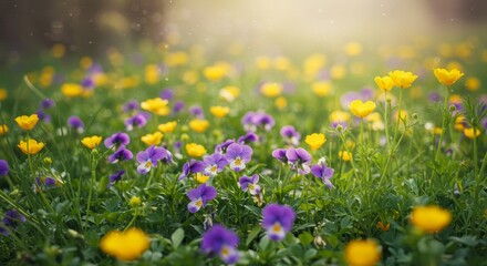 Fototapeta premium Spring Meadow Flowers - Vibrant purple and yellow wildflowers bloom in a sunlit meadow. A beautiful springtime scene