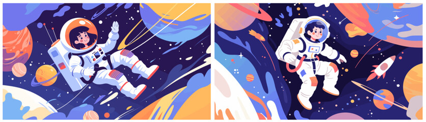 Fototapeta premium kids in space background. boy girl astronauts cartoon, fantasy dreams galaxy planets stars rocket spacesuit profession research discovery science vector illustration