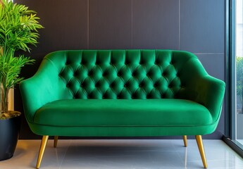 Fototapeta premium Green Velvet Tufted Sofa with Gold Legs in Modern Interior