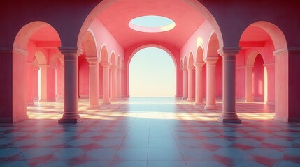 Serene Pink Interior with Archways and Soft Natural Light