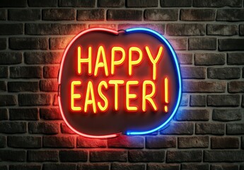 Obraz premium Happy Easter Neon Sign on Brick Wall