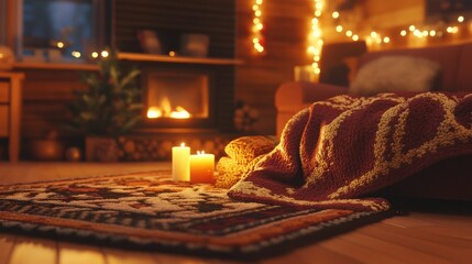 Obraz premium Cozy Living Room with Warm Fire and Festive Lights at Night