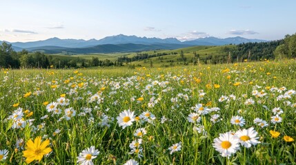 Obraz premium Blooming white daisies and yellow wildflowers cover a lush green meadow under a clear blue sky with mountains in the background.