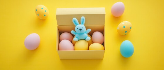 Fototapeta premium A small blue bunny sits comfortably in a box surrounded by colorful eggs, creating a cheerful and festive atmosphere.