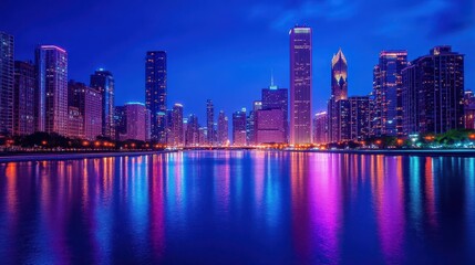 Fototapeta premium Vibrant skyline of chicago at night reflecting on lake michigan waters