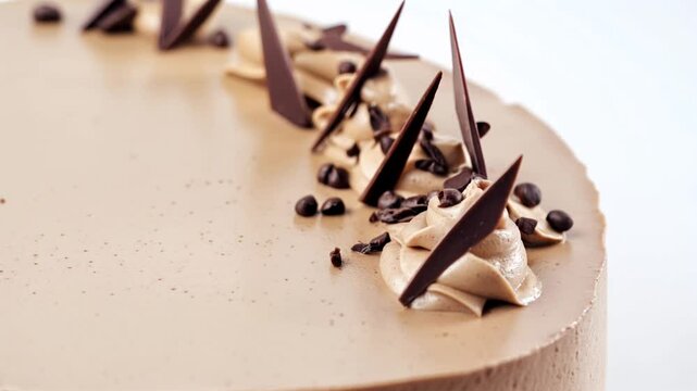 Mocha cake dessert close-up. Chocolate chips and cream rosettes decorate cake. Top-down video with brown palette and white background
