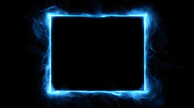 Blue energy square frame on black background. Glowing electric border design effect with lightning sparks for banner advertisement or presentation template, design element.