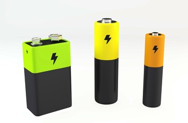 Diverse battery set: 9v, aa, and aaa power sources for energy concept ,3d illustration
