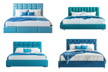 Blue bed set with white bed linen , bed with pillows and duvet isolated on transparent background