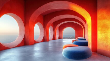 Vibrant Modern Interior Design with Colorful Seating and Ocean View