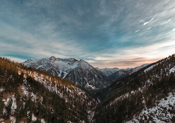 Snowy mountains in Bavaria during sunset