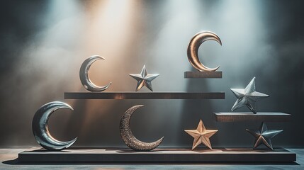 An eclectic mix of metallic crescent and star sculptures arranged asymmetrically on floating shelves in a muted palette