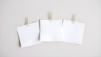 Three blank white sticky notes taped to a wall for reminders or ideas