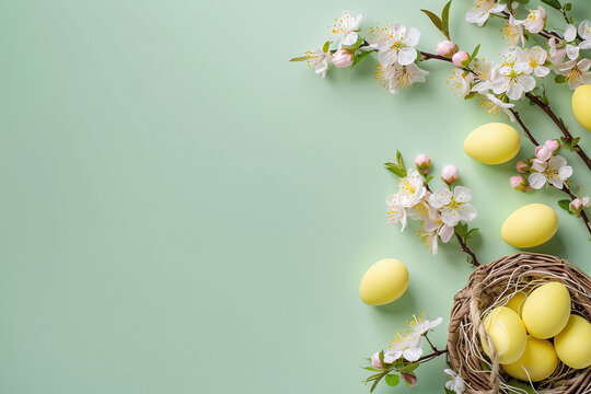 Easter banner with yellow eggs, branches with white flowers. Wicker basket on a light spring background. The festive theme creates a joyful, festive composition. Perfect for Easter greeting cards..