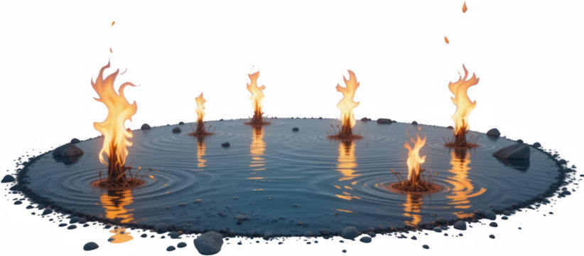 Mystical Flames Burning on Water Surreal Fire Reflections Dark Background