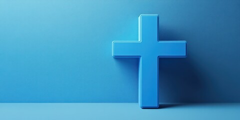 Obraz premium Blue cross symbol stands against a solid blue background highlighting faith and spirituality