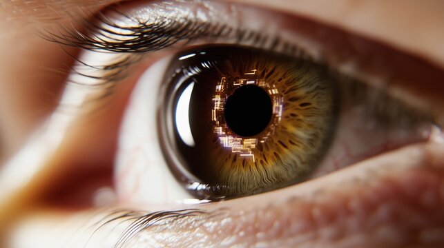 Extreme macro close-up of a human eye with a glowing amber cybernetic iris featuring futuristic digital circuits and biometric technology