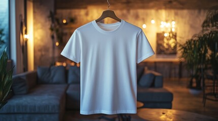 A simple blank T-shirt against a minimalistic backdrop, soft lighting creating a serene and contemporary look 