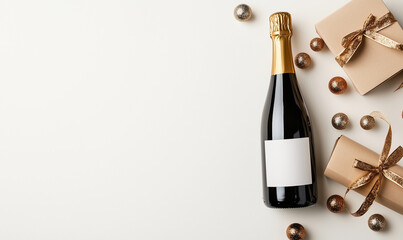A bottle of champagne sits elegantly on a light background, surrounded by beautifully wrapped gifts and sparkling ornaments, creating a joyful festive atmosphere.