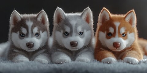 Three adorable husky puppies resting together in a cozy indoor setting during the afternoon