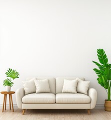 Minimalist Living Room Interior Off White Sofa and Green Plants Against White Wall