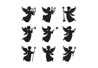 Vector Illustration of Nine Silhouetted Angels Playing Musical Instruments and Holding Various Objects