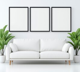 Minimalist Living Room Interior White Sofa, Black Framed Prints, and Green Plants
