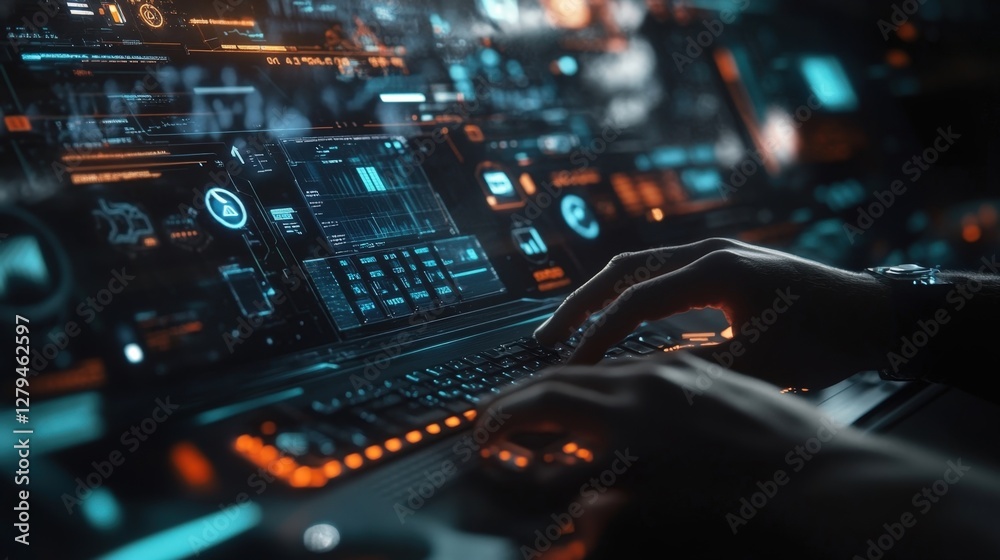 Poster close up of programmer hands typing on a keyboard, engaging with futuristic software and multiple sc