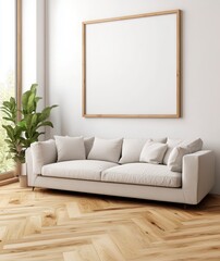Minimalist Living Room with White Sofa and Light Wood Frame