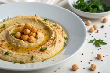 Close-Up of Creamy Hummus on White Plate 