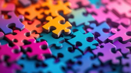 Colorful close-up of interlocking puzzle pieces scattered on a surface, creating a vibrant pattern