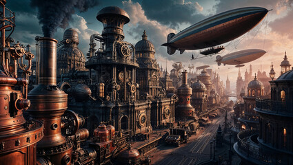 A retro futuristic steampunk cityscape featuring airships in the sky, ornate urban towers, road with cars and industrial design elements..