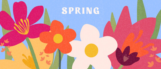 Hello Spring banner. Spring background with bright creative flowers for social media posts, cards.