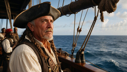 Pirate captain gazing at the horizon aboard a historic sailing ship. Historical adventure, maritime exploration, and seafaring life.