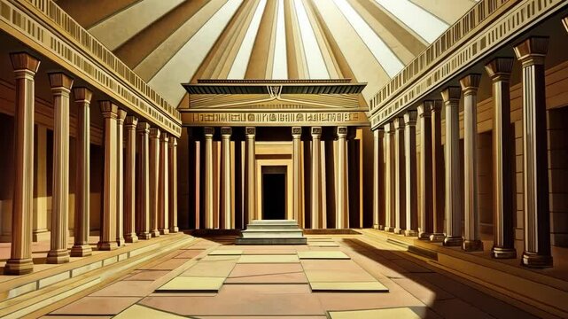Ancient architecture showcases grand columns and intricate designs in a well-lit temple interior