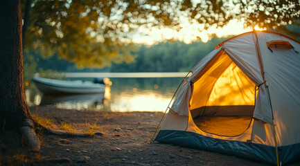 Beautiful summer evening by the lake with a cozy camping tent and serene boat in the background