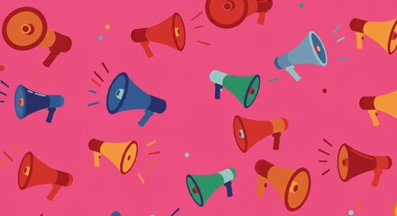 Colorful Megaphones Announcement Pattern - Vibrant illustration of colorful megaphones on a pink background, ideal for announcements or marketing materials